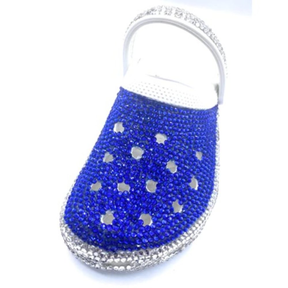 Bling Royal Blue and Silver Rhinestones Studded Customized White Clogs Adults - Picture 5 of 5